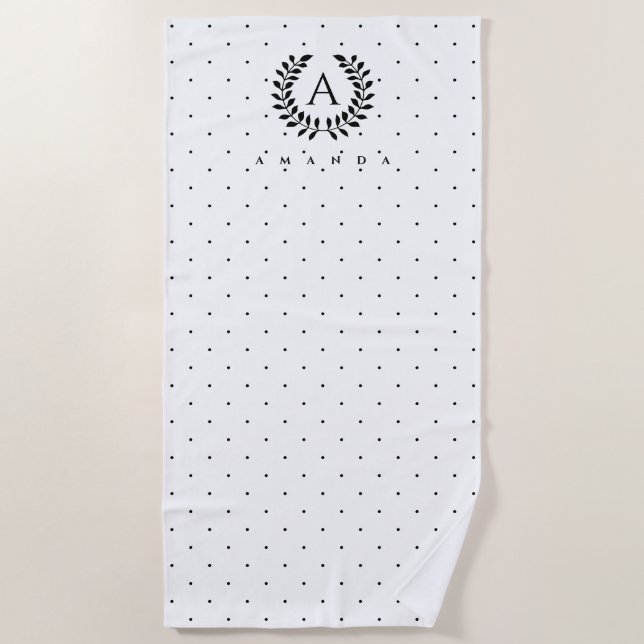 Toalha De Praia Black And White Laurel Monogram Polka Dot Pattern (Frente)