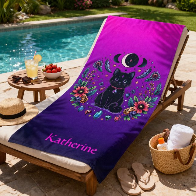 Toalha De Praia Black Cat Celestial Mystical Purple Pink (Criador carregado)
