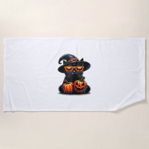 Toalha De Praia Black Cat Halloween Segurando Pumpkin Cat Gover