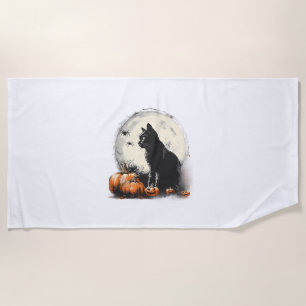 Toalha De Praia Black Cat Halloween Spooky Moon Trabalho de arte P