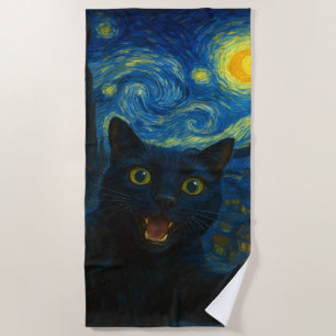 Toalha De Praia Black Cat Starry Night Van Gogh Cat Selfie