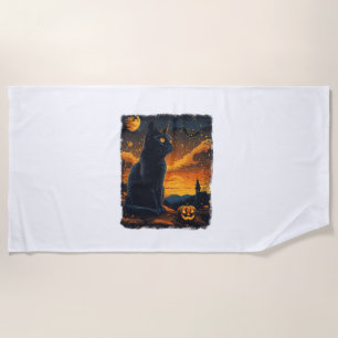 Toalha De Praia Black Cat Starry Night Van Gogh Pumpkins Bats Hall