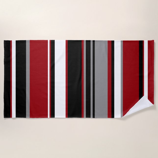 Toalha De Praia Black, Cinza Red e White Stripes (Frente)