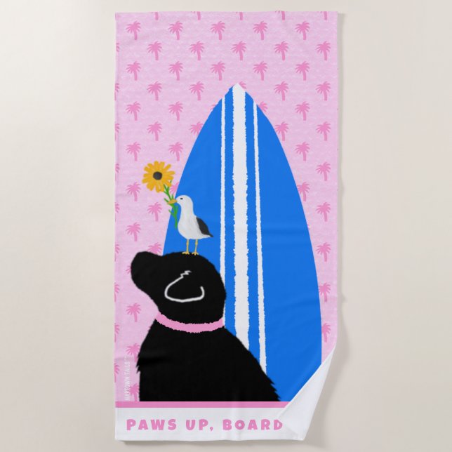 Toalha De Praia Black Lab Surf Dog Island Pink Beach Towel (Frente)