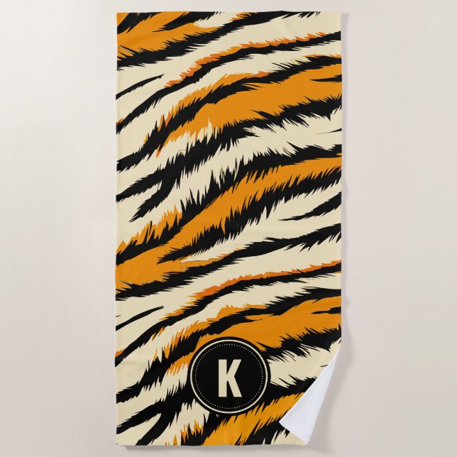 Toalha De Praia Black Orange Tiger Stripes Pattern Monogram (Frente)