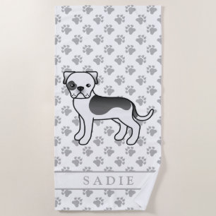 Toalha De Praia Black Piebald American Bulldog Cute Dog & Name