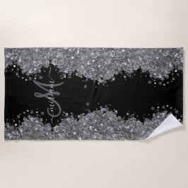 Toalha De Praia Black Silver Glitter Grey Modern Monogram
