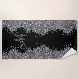 Toalha De Praia Black Silver Glitter Grey Modern Monogram