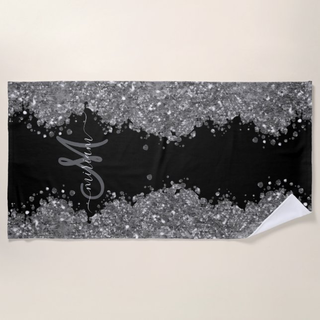 Toalha De Praia Black Silver Glitter Grey Modern Monogram (Frente)