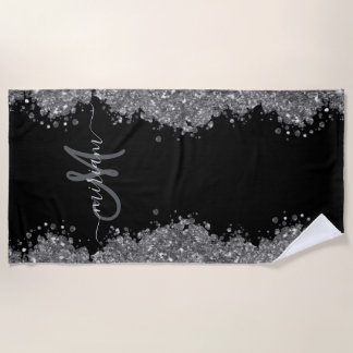 Toalha De Praia Black Silver Glitter Grey Modern Monogram