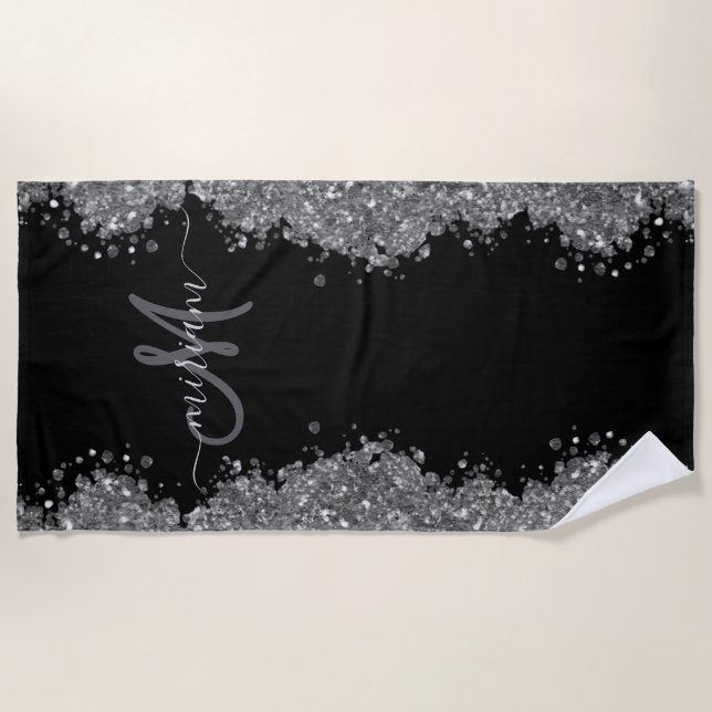 Toalha De Praia Black Silver Glitter Grey Modern Monogram (Frente)