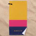 Toalha De Praia Bloco de Cor Azul Cor Amarelo Vibrante<br><div class="desc">Na moda e toalha vibrante de praia com um design de bloco colorido de cores amarela, rosa e azul escuro. Personalize-o substituindo o texto do marcador de posição. Para obter mais opções, como alterar a fonte e seu tamanho/cor ou o espaçamento entre letras, clique no botão "Personalizar". *Observe que a...</div>