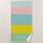 Toalha De Praia Bloco de Cor Pastel Personalizado Listra de Verão<br><div class="desc">Esta toalha pastel ousada e alegre apresenta blocos de cor horizontais largos em menta, rosa, aqua, amarelo sol e sage. Personalizada com um nome em letra cursiva elegante, é perfeita para dias de praia, descanso na piscina ou viagens de verão. Uma toalha de praia divertida e elegante para crianças, adolescentes...</div>