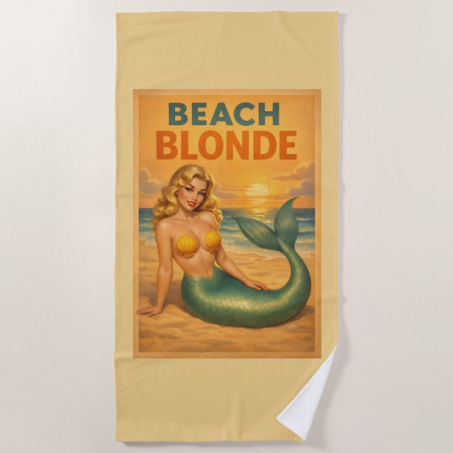Toalha De Praia Blonde Pin-Up Mermaid | Sunny Yellow Retro Coastal (Frente)