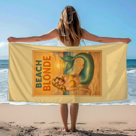 Toalha De Praia Blonde Pin-Up Mermaid | Sunny Yellow Retro Coastal