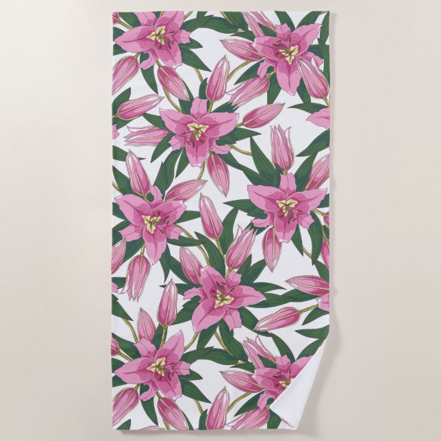 Toalha De Praia Blooming Lilies in Pastel Pink on White (Frente)
