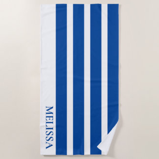 Toalha De Praia Blue And White Cabana Stripe Personalized Name