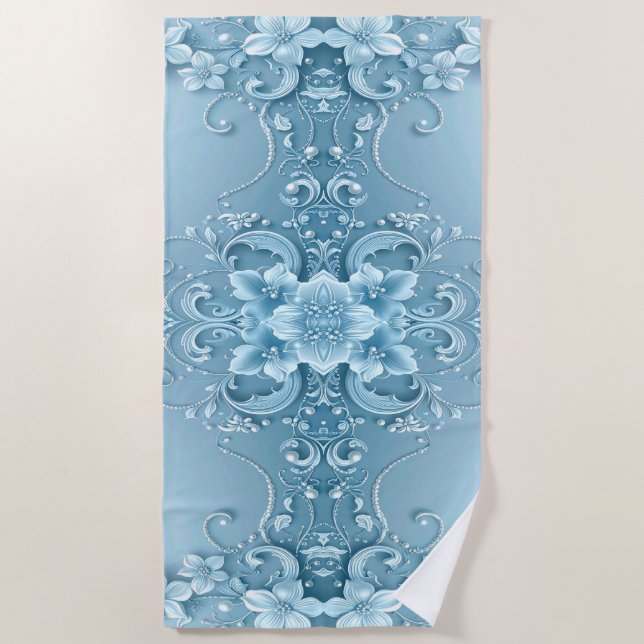 Toalha De Praia Blue Decorative Floral Beach Towel (Frente)