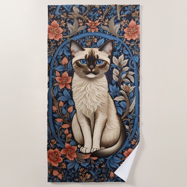 Toalha De Praia Blue Eyed Siamese Cat William Morris Inspirou (Frente)