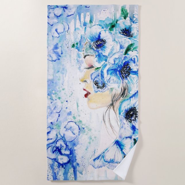 Toalha De Praia Blue Floral Fantasy Beach Towel - Pintura (Frente)