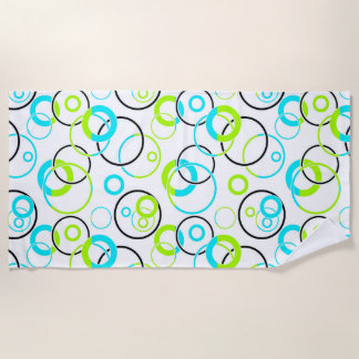 Toalha De Praia blue green and black rings and circles on white 