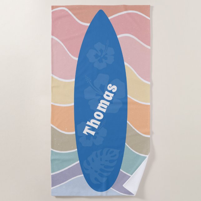 Toalha De Praia Blue Hawaii Surfboard on Pastel Waves (Frente)