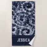 Toalha De Praia Blue Indigo Shibori Tie Dye Nome Personalizado<br><div class="desc">Pode ser totalmente personalizado para atender às suas necessidades.
© Gorjo Designs. Feito para você através da plataforma Zazzle. 

// Precisa de ajuda para personalizar o seu design? Tem outras ideias? Sinta-se à vontade para me contactar (Zoe) diretamente.</div>
