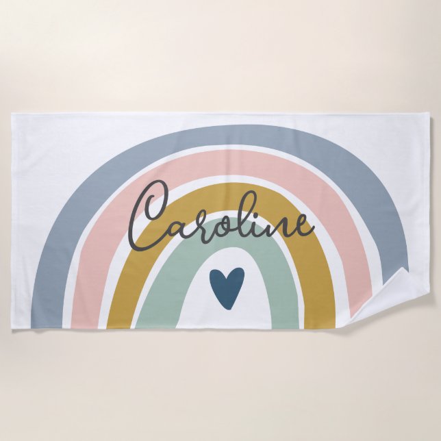 Toalha De Praia Blue Pastel Boho Rainbow Name Beach Towel (Frente)