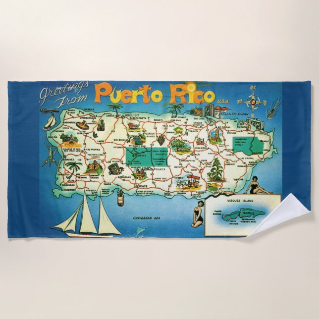 Toalha De Praia Blue Puerto Rico Saudações Beach Towel (Frente)