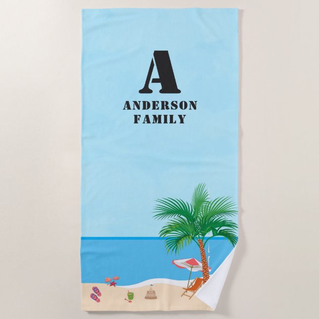 Toalha De Praia Blue Sky, Initials, Name and Beach Life (Frente)