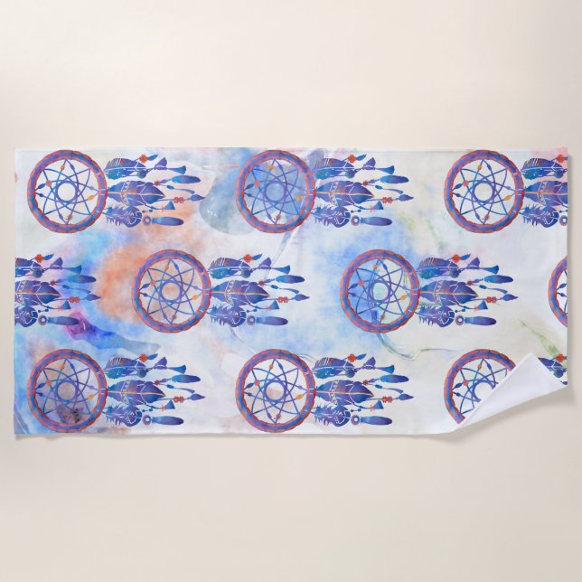 Toalha De Praia Blue Watercolor Dreamcatcher Modern Boho (Frente)