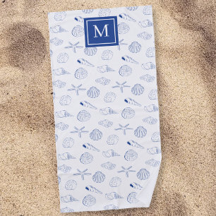 Toalha De Praia Blue White Mand Drawn Sea Shels Beach Summer
