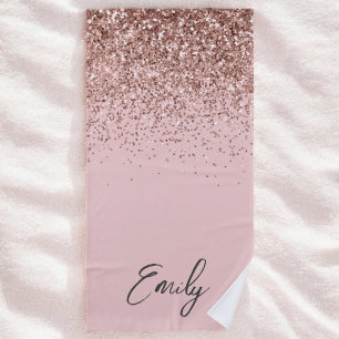 Toalha De Praia Blush Rosa Dourado Brilho Monograma