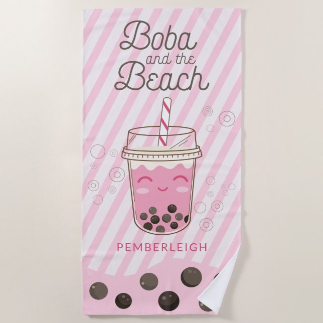 Toalha De Praia Boba Bubble Tea Pink Strips (Frente)