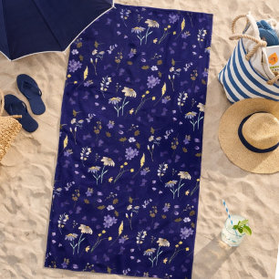 Toalha De Praia Boho Aguarela Flores Silvestres Azul Marinho