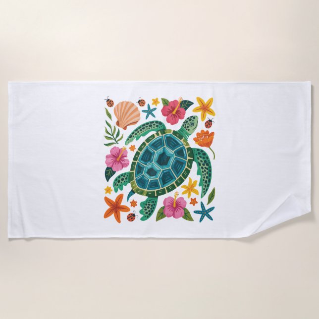 Toalha De Praia Boho Floral Sea Turtle (Frente)