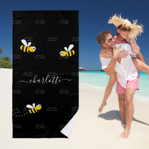 Toalha De Praia Bombus brancos negros e felizes monograma de humor