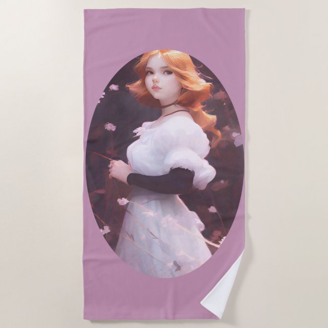 Toalha De Praia Bonita Menina Entre Retrato De Flores Rosa (Frente)