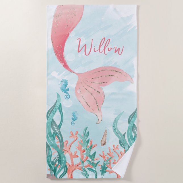 Toalha De Praia Bonita Mermaid Girl Birthday Beach Towel Favor (Frente)
