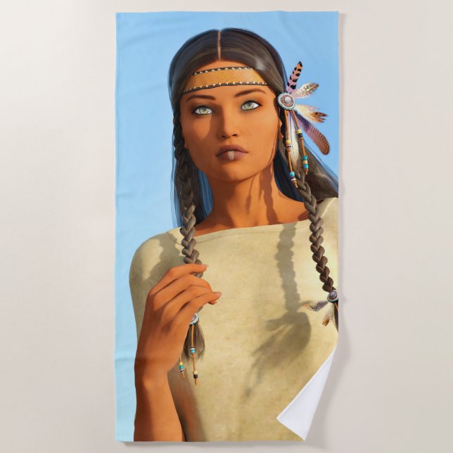 Toalha De Praia Bonita roupa de Indígenas de mulher nativa america (Frente)