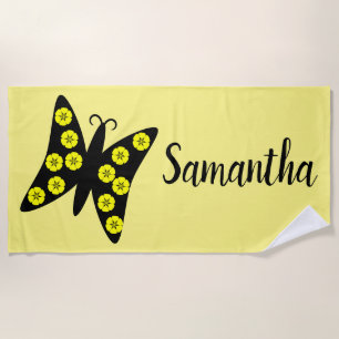 Toalha De Praia Bonito Borboleta Preta/Amarela Personalizada 