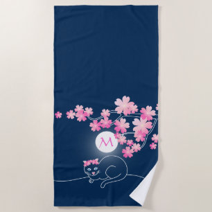 Toalha De Praia Bonito Gato Cereja Flores Noite Azul Sakura Rosa