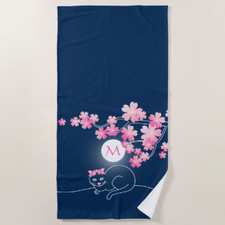 Toalha De Praia Bonito Gato Cereja Flores Noite Azul Sakura Rosa