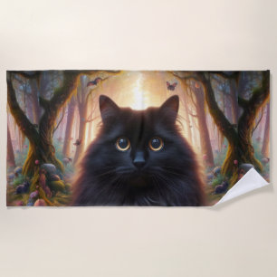 Toalha De Praia Bonito gato preto fluffy com olhos Dourados