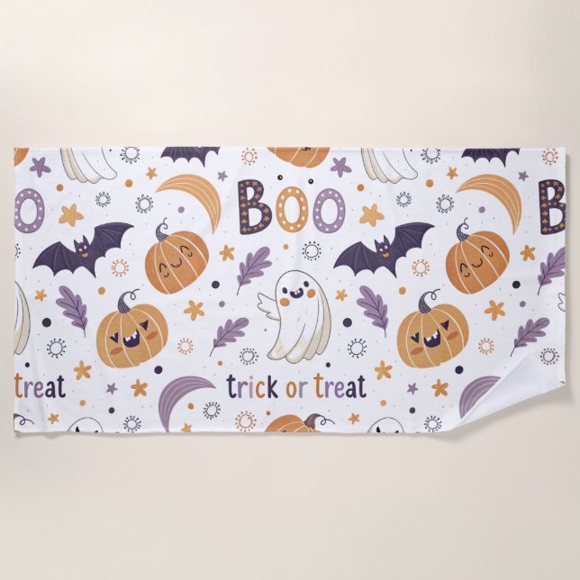 Toalha De Praia Boo Halloween Beach Towel – Cute Ghost & Pumpkin (Frente)