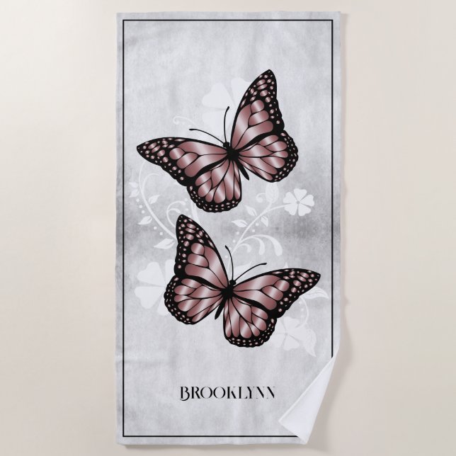 Toalha De Praia Borboleta Rosa Floral Beach Towel (Frente)