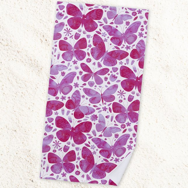 Toalha De Praia Borboletas Aquarela Magenta Rosa (Magenta hot pink watercolor butterfly pattern art beach towel)