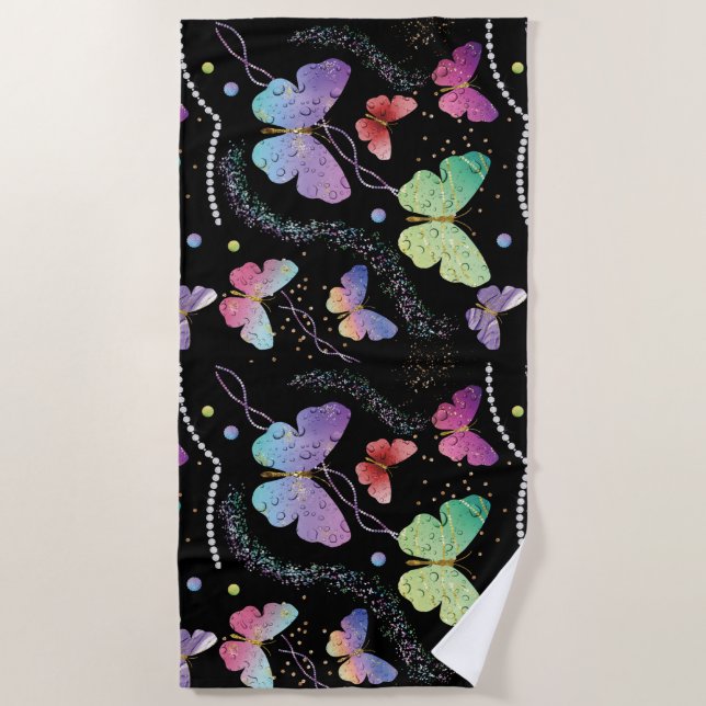 Toalha De Praia Borboletas Roxas e Azuis Brilhantes (Frente)