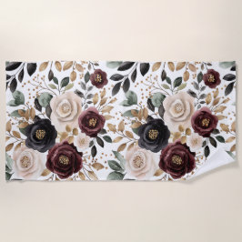 Toalha De Praia Bordô Creme Floral Preto
