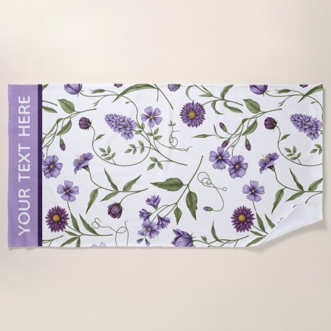 Toalha De Praia Botânica Floral Roxo Personalizada (Frente)